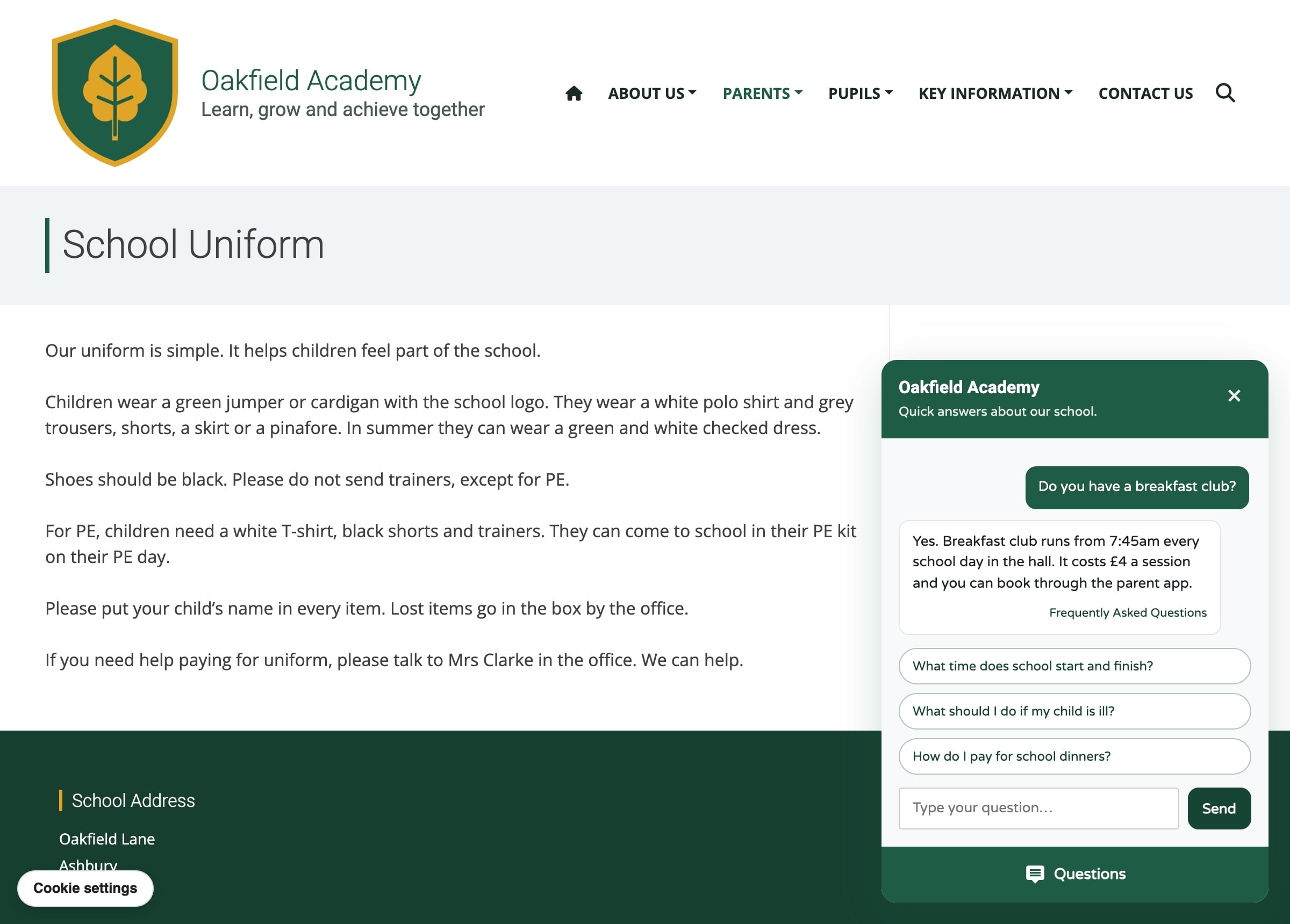 The Oakfield Academy demo website with the Smart FAQ chat open, answering 'Do you have a breakfast club?' from the school's written FAQ.