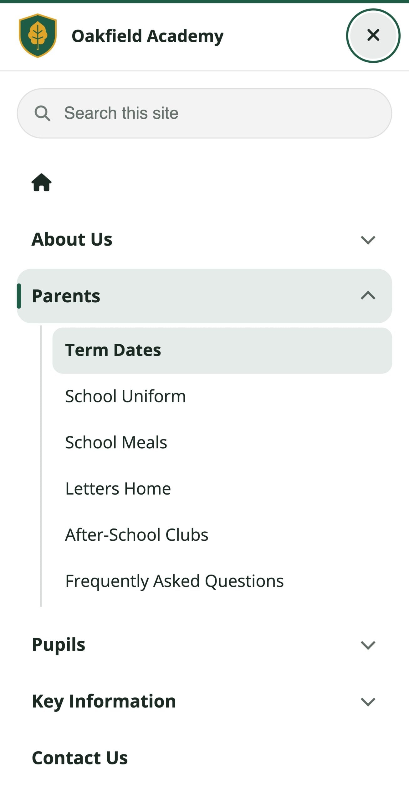 A phone-sized menu for the demo school Oakfield Academy, with the Parents section open and Term Dates highlighted as the page you are on.
