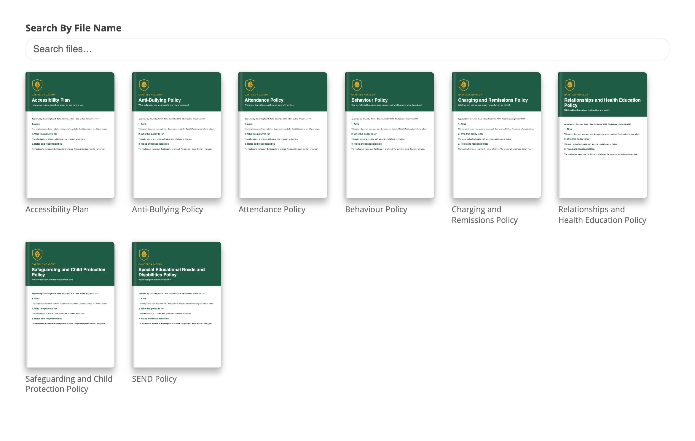 The demo school Oakfield Academy's Policies page, showing eight policies as book covers, including the Behaviour Policy and the Safeguarding and Child Protection Policy.