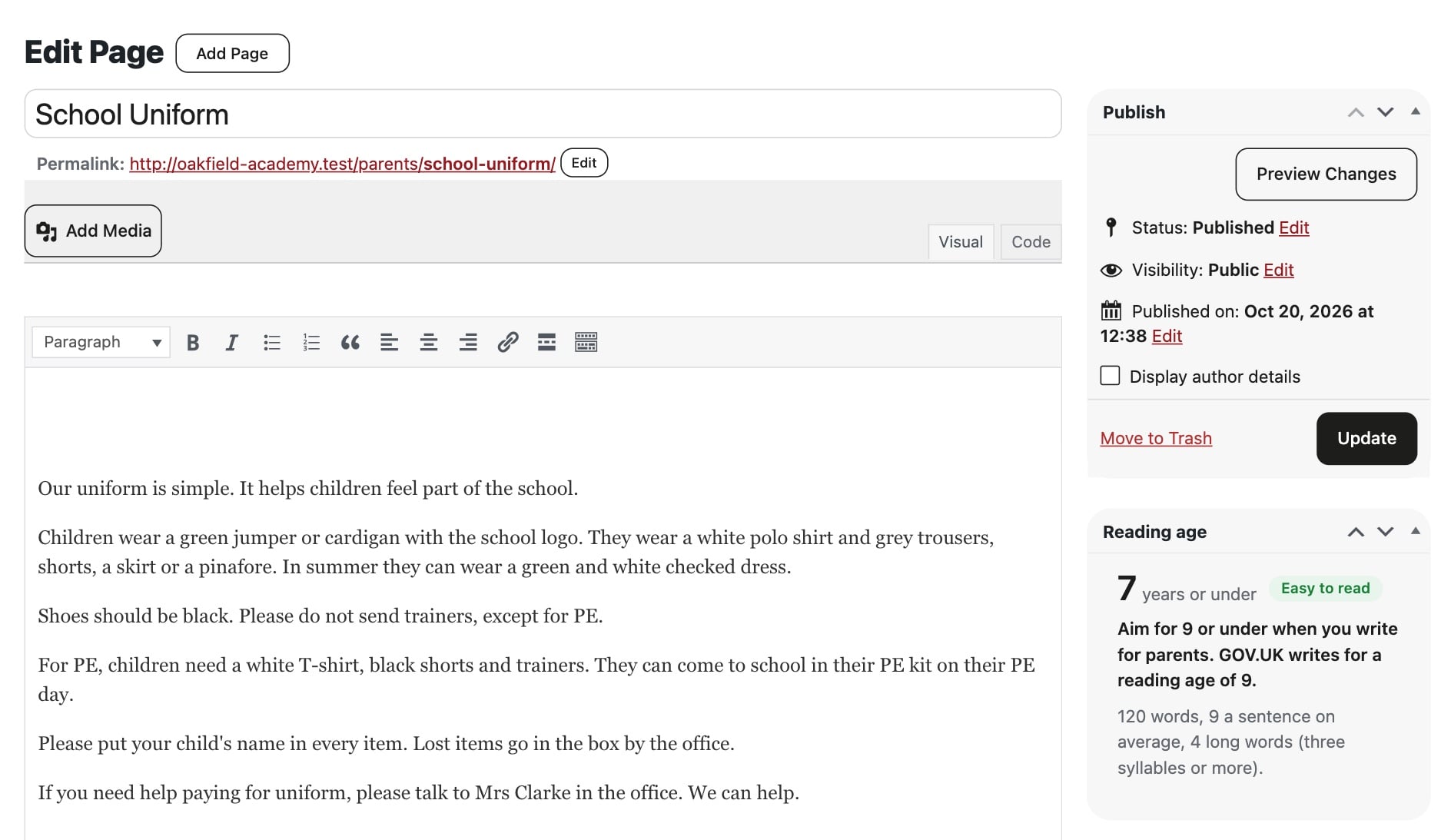 Editing the School Uniform page on the demo school Oakfield Academy's website, with the Reading age box showing 7 years or under and 'Easy to read'.