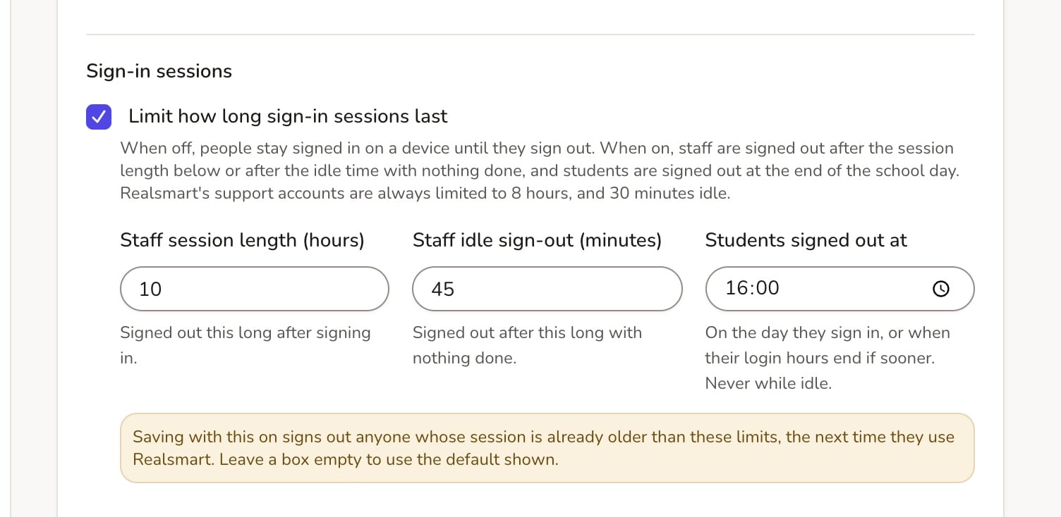 ADAdmin Sign-in sessions settings with session limits switched on for staff and students, at Oakfield Academy, a fictional demo school.