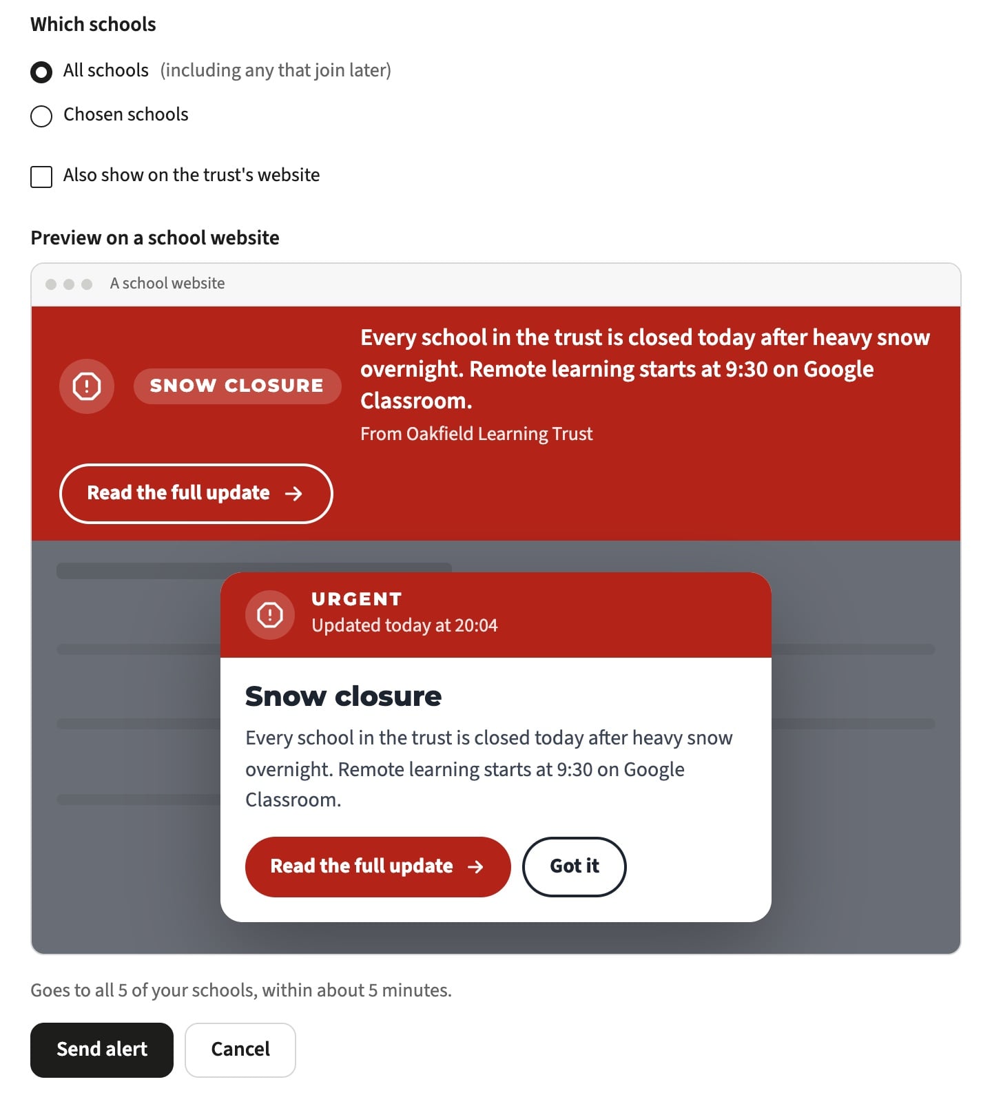 Trust Hub sending a snow closure alert to every school website in a fictional trust