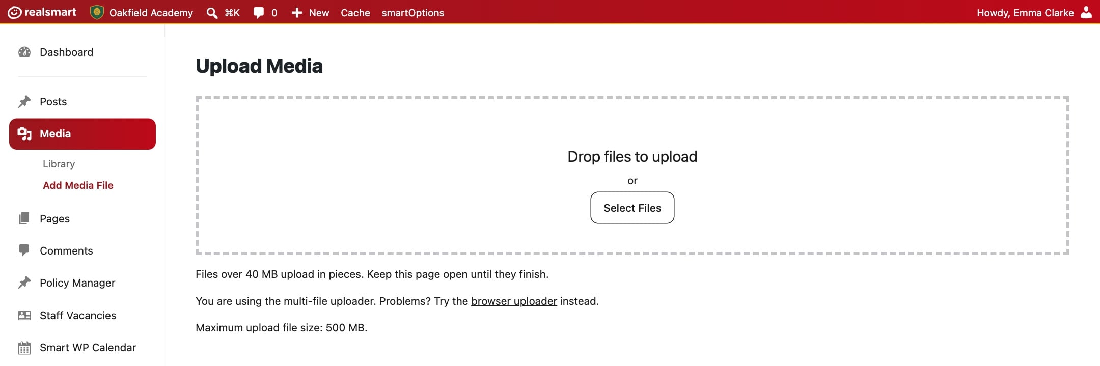 The Upload Media screen on the demo school Oakfield Academy's website, showing a maximum upload file size of 500 MB.