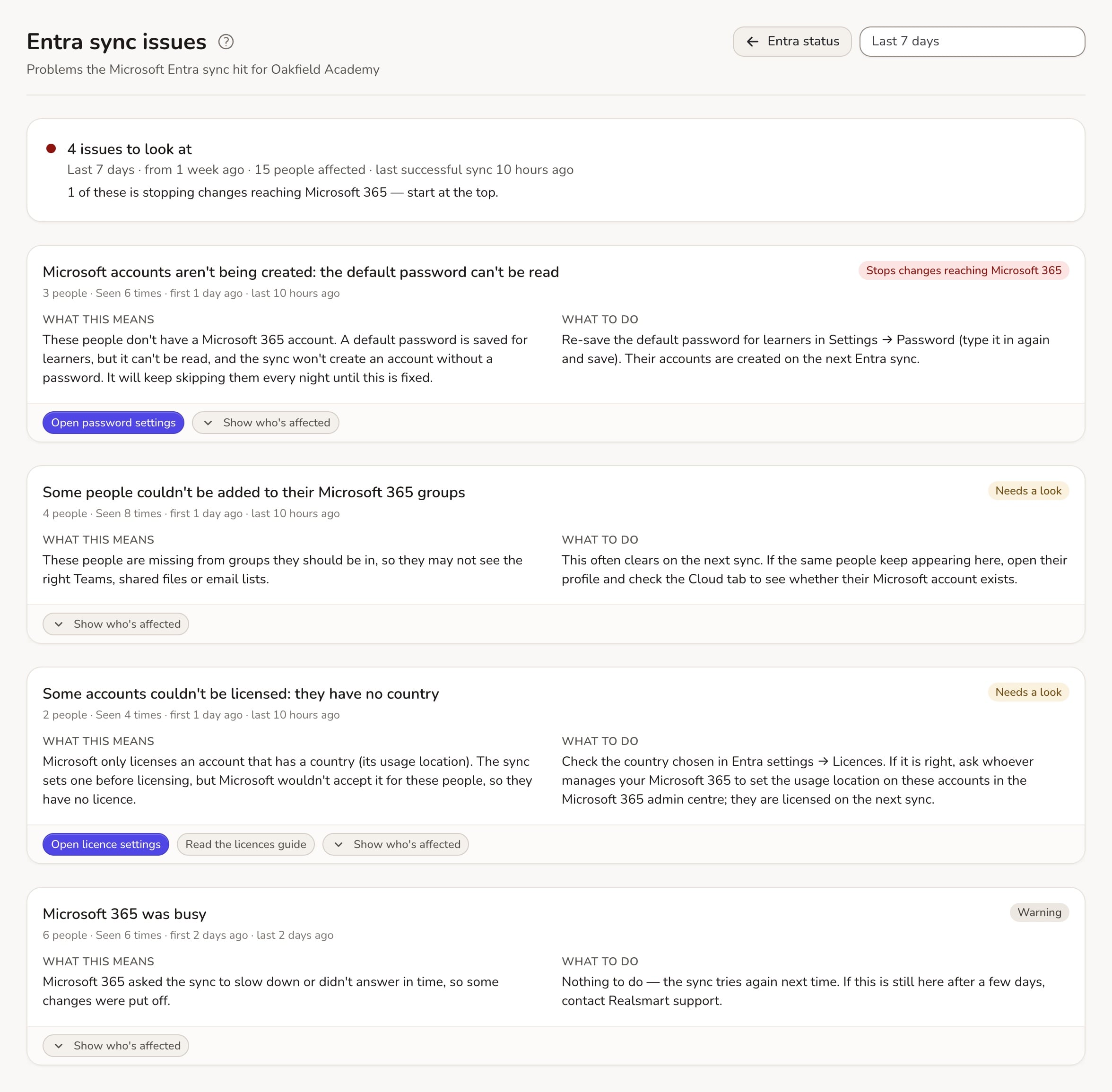 ADAdmin Entra sync issues page explaining four Microsoft 365 sync problems in plain English, at Oakfield Academy, a fictional demo school.