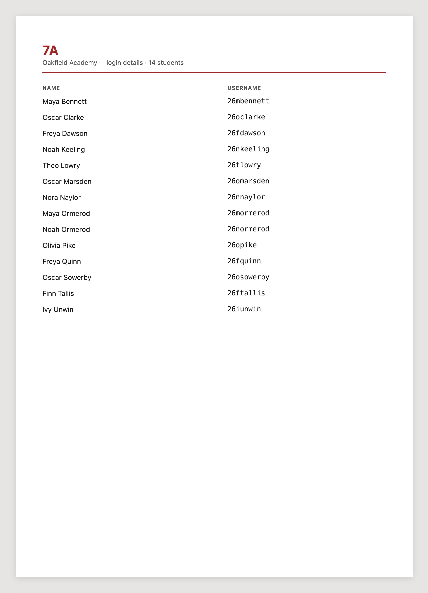 A printable A4 login sheet for registration group 7A listing pupils' names and usernames, from Oakfield Academy, a fictional demo school.