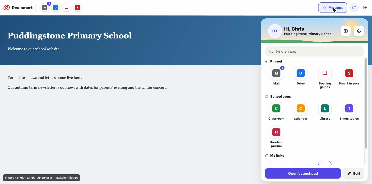 Opening the My apps menu on a school website and changing its background