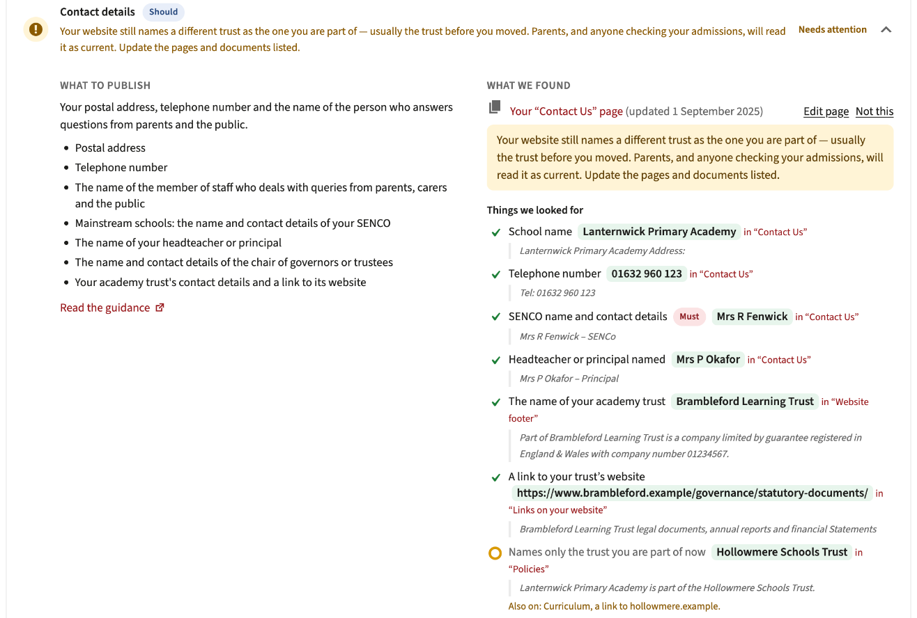 Contact details checked item by item, with a warning that the website still names a trust the school has left.