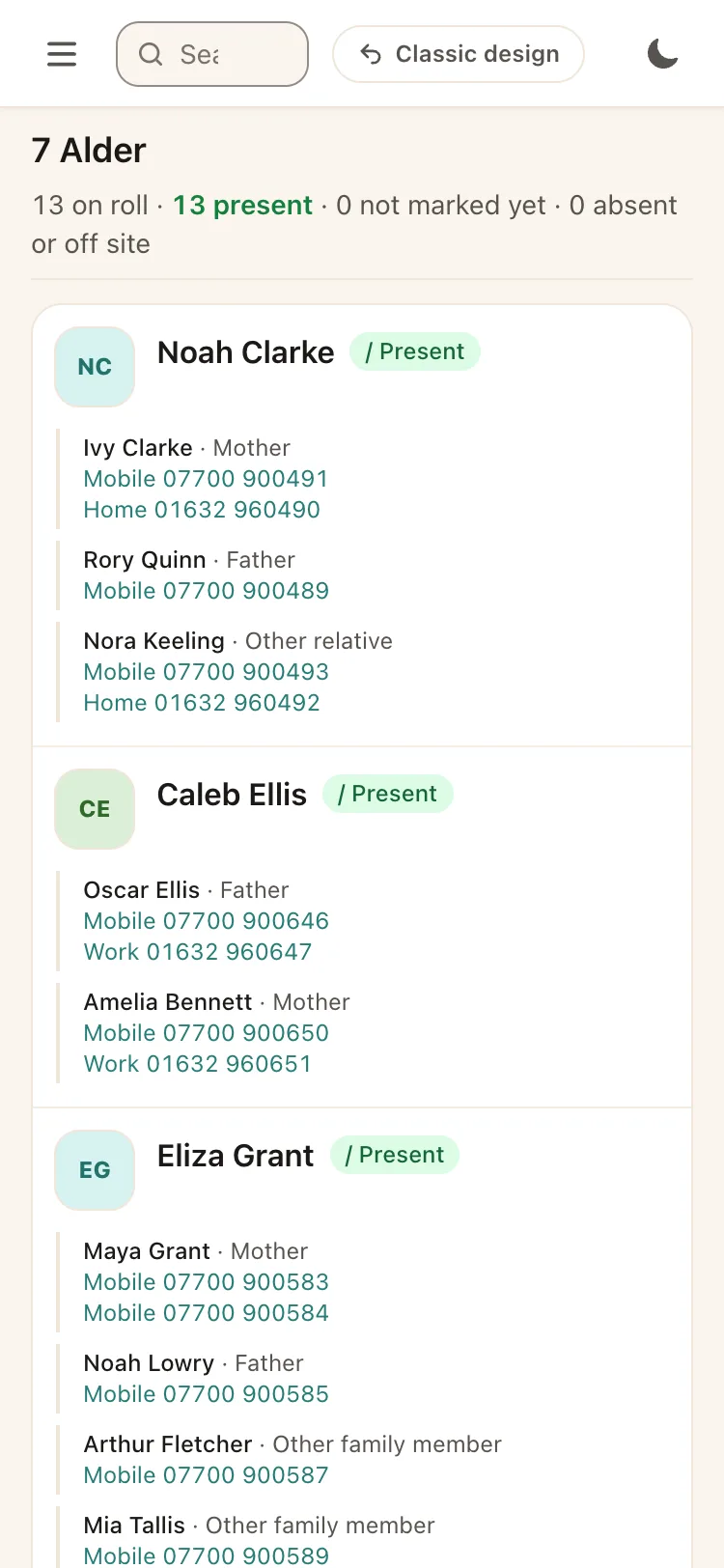 Roll-call for group 7 Alder on a phone: each pupil marked present, with every contact's name, relationship and phone numbers.