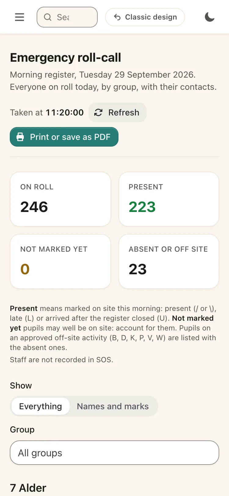 Emergency roll-call on a phone: 246 on roll, 223 present, 0 not marked yet, 23 absent or off site, with a print button.