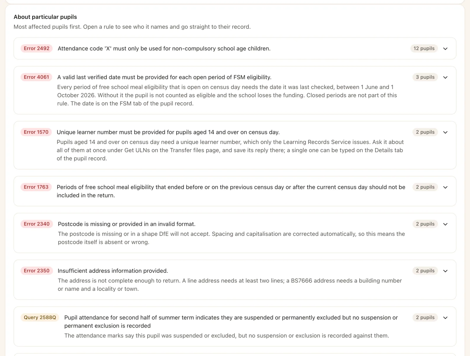 Census check findings about particular pupils: each DfE error code with its message, a plain-English explanation of where to fix it and how many pupils it affects.