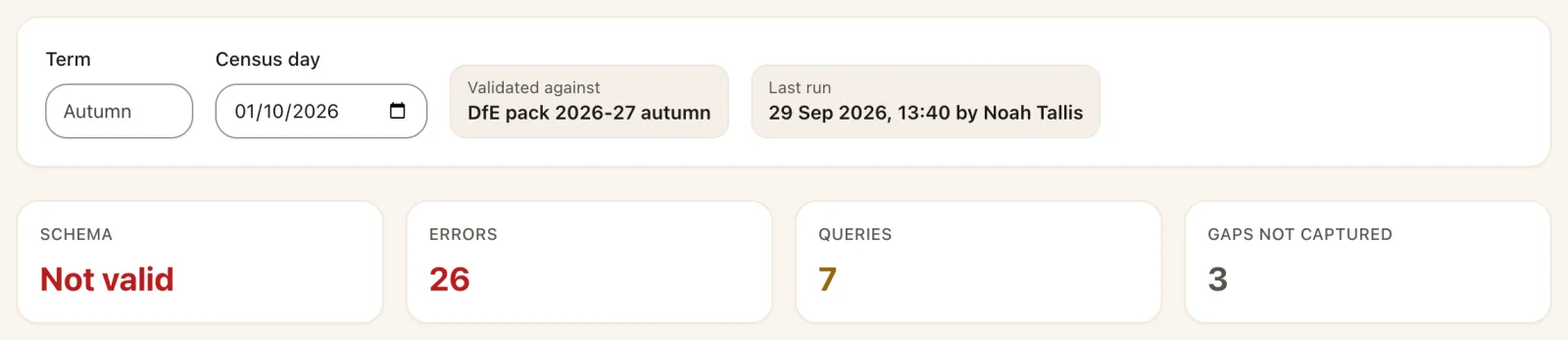 Census check summary: validated against DfE's 2026-27 autumn pack, last run 29 Sep, schema not valid, 26 errors, 7 queries, 3 gaps not captured.