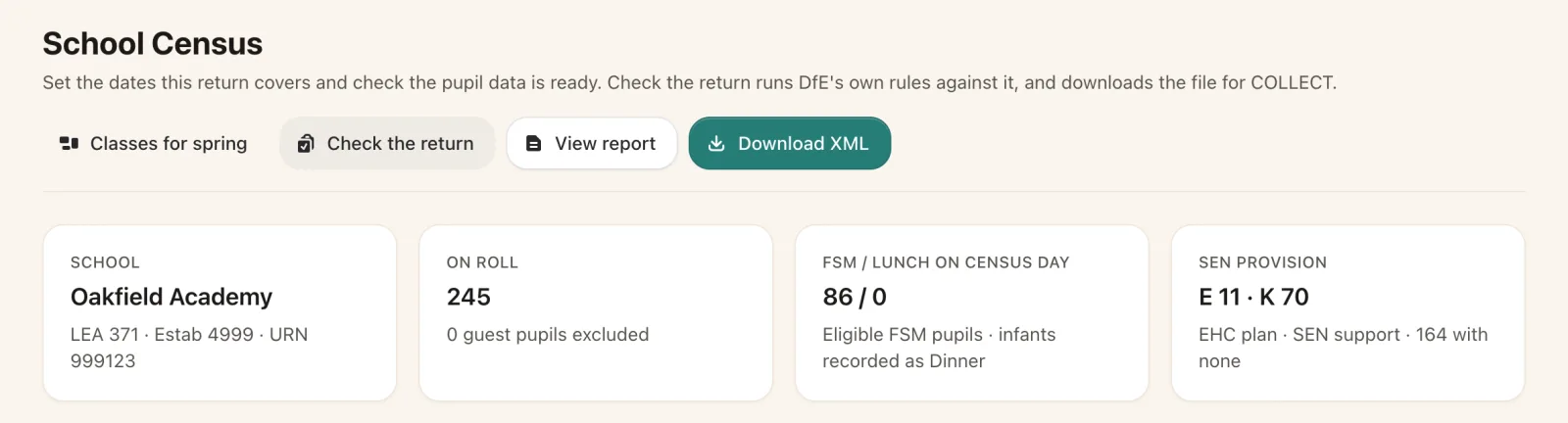 School census page for Oakfield Academy: 245 on roll, 86 eligible for free school meals, SEN provision E 11 and K 70, with Check the return and Download XML.