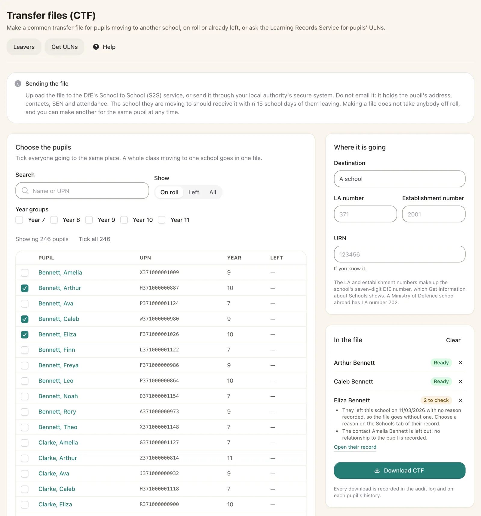 Transfer files page: three pupils ticked, the destination school's details, and the file contents with each pupil marked ready or with items to check.