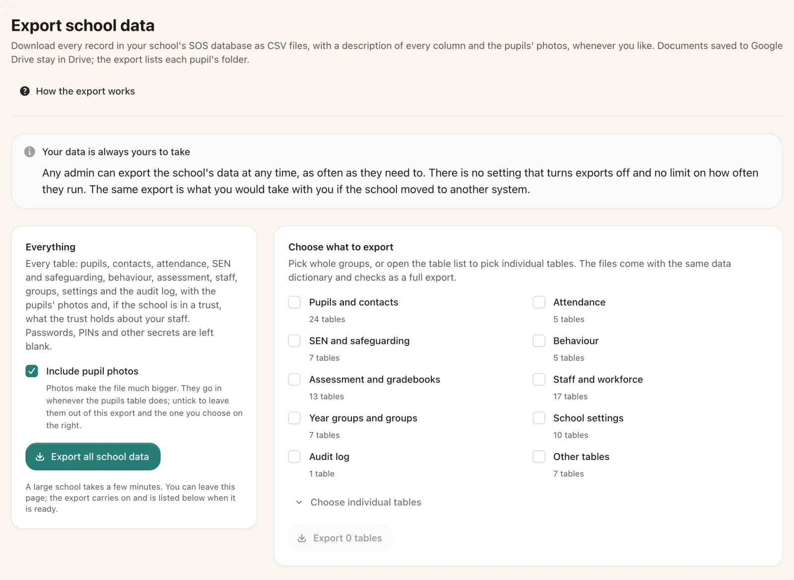 Export school data page: export every table as CSV with pupil photos, or choose groups of tables, with a note that the data is always the school's to take.