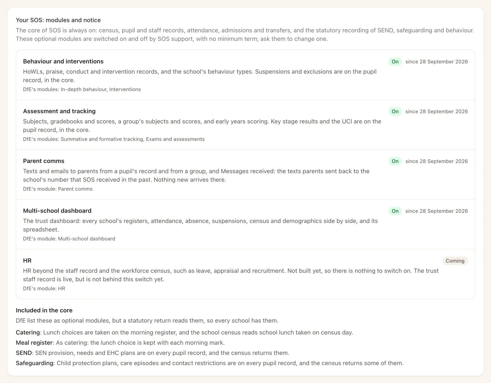 Your SOS modules on the School details page: behaviour, assessment, parent comms and multi-school dashboard switched on, HR coming, each mapped to DfE's MIS framework modules.