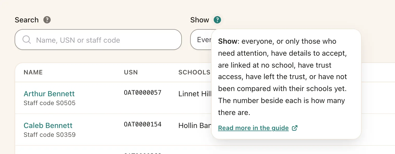 A help popover beside the Show filter on the trust staff page explaining each option, with a link to read more in the guide.