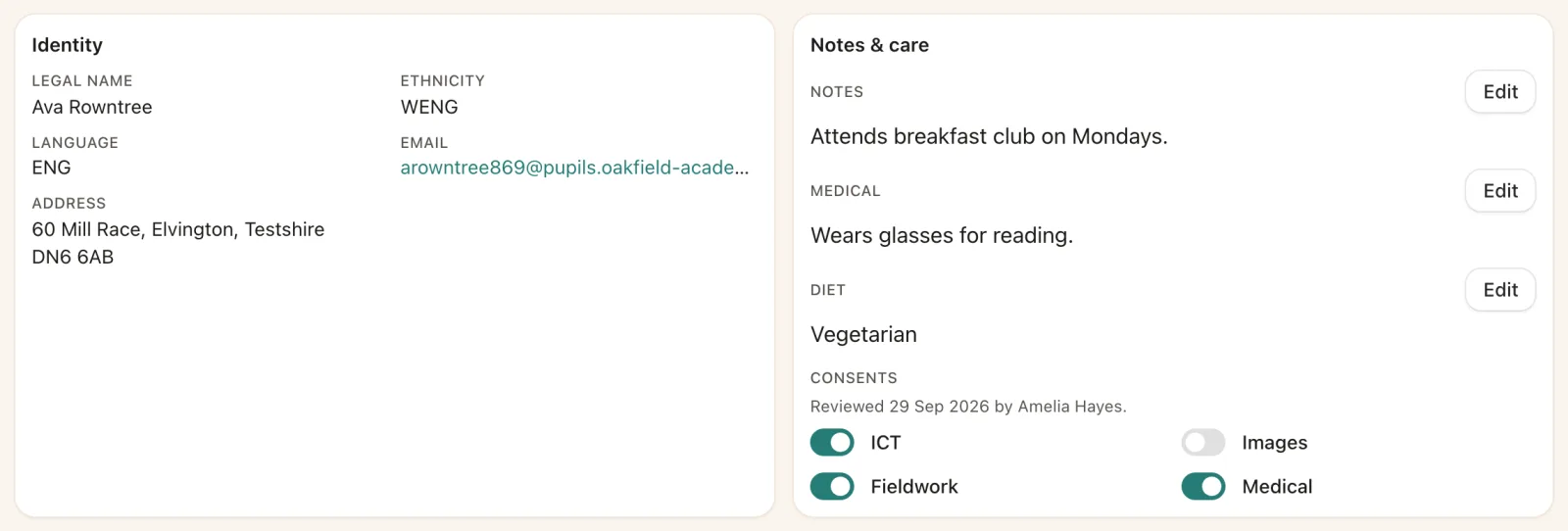 Identity, notes, medical and diet panels on a pupil record, with consent switches for ICT, images, fieldwork and medical and who last reviewed them.