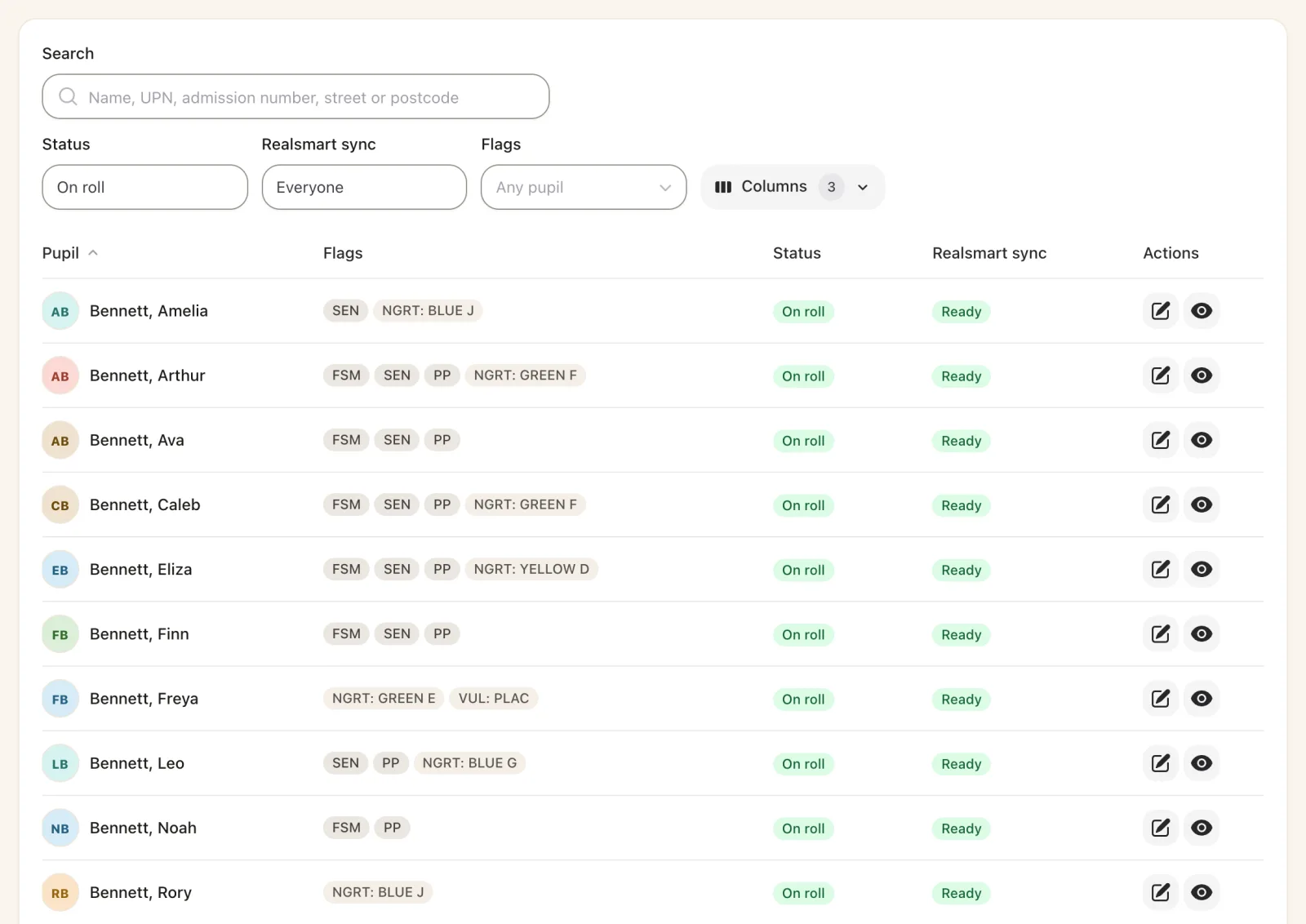 The pupil list on roll, with FSM, SEN, PP and the school's own flags beside each name, status and Realsmart sync.
