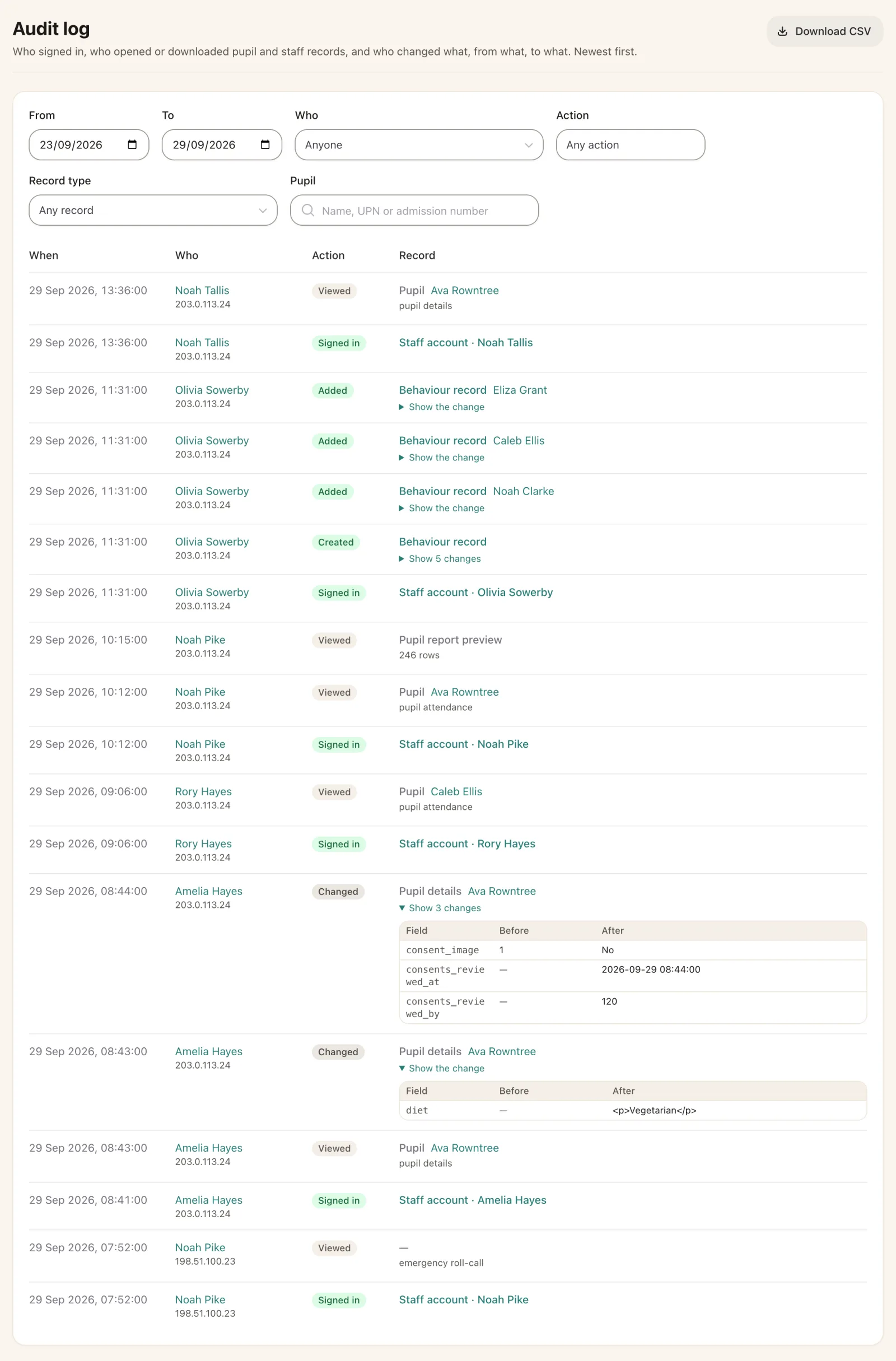 Audit log for 23 to 29 September: sign-ins, pupil records viewed, behaviour records added and pupil details changed, each with who, when, from which address and what changed.