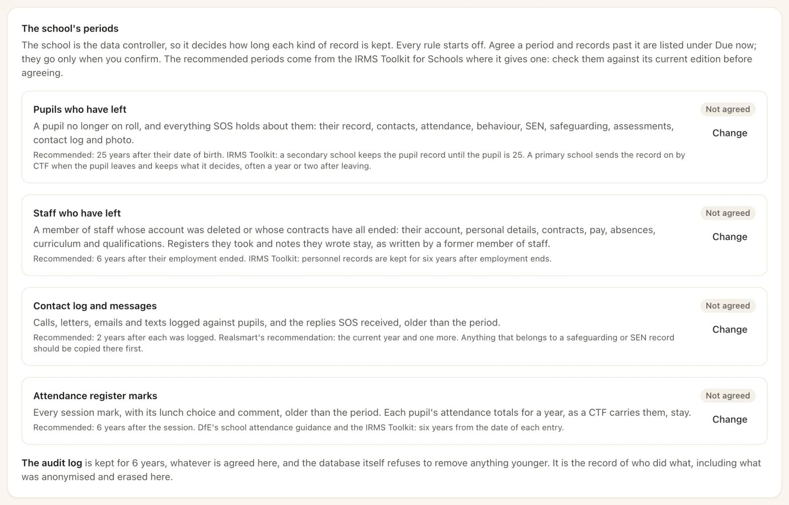 Data retention settings: periods for pupils who have left, staff who have left, the contact log and register marks, each with the IRMS Toolkit recommendation.