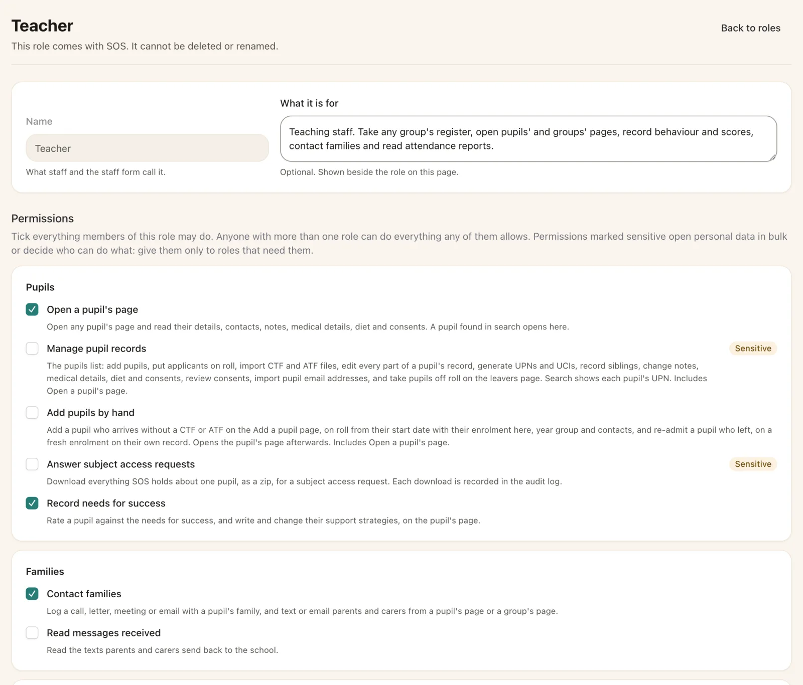 Teacher role permissions: ticked and unticked permissions for pupils and families, with sensitive ones labelled.