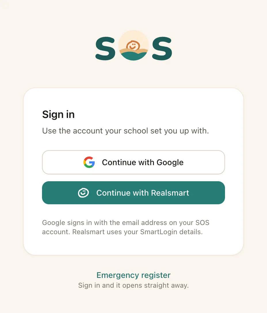 SOS sign-in page with Continue with Google and Continue with Realsmart buttons, and a link to the emergency register.