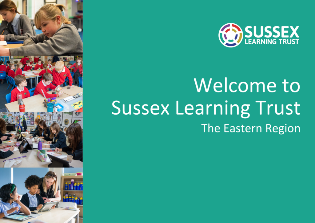 Welcome to Sussex Learning Trust Eastern Region brochure featuring students learning and collaborating, highlighting the benefits of joining Sussex Learning Trust.