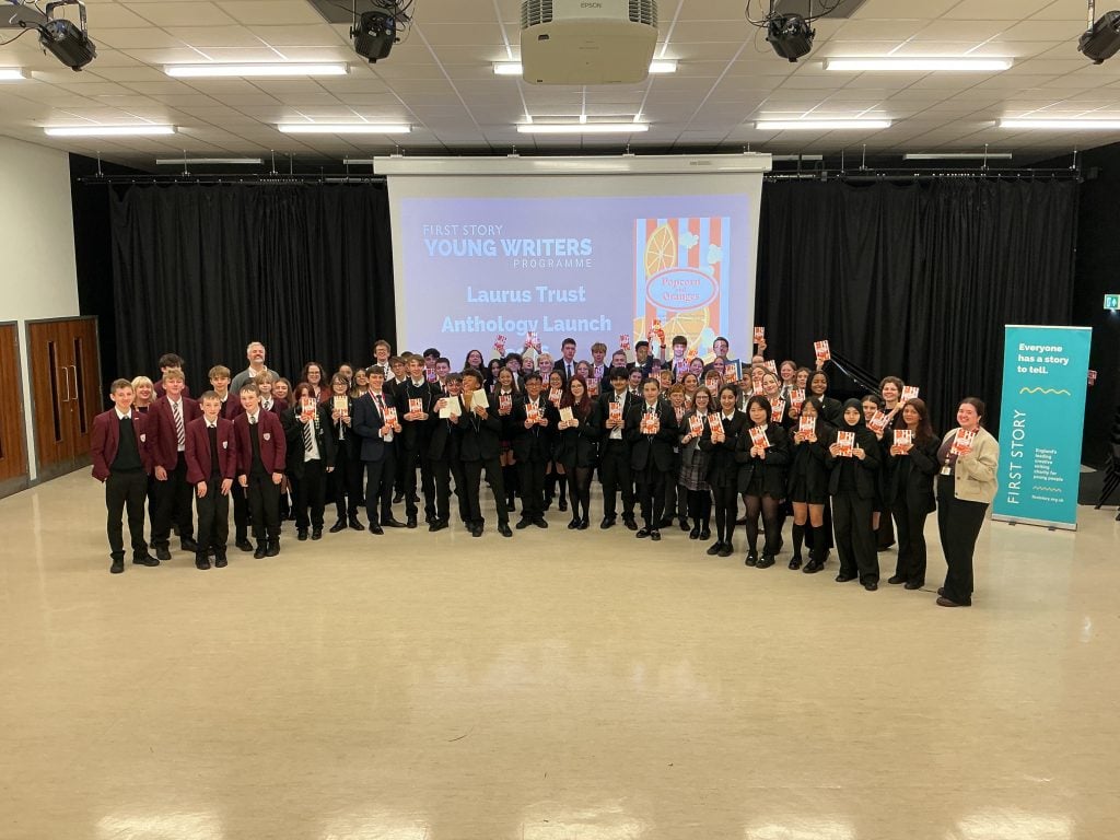 Students and staff from across the Laurus Trust gather together at Cheadle Hulme High School to celebrate the launch of the Popcorn and Oranges anthology, published as part of the First Story Young Writers programme.