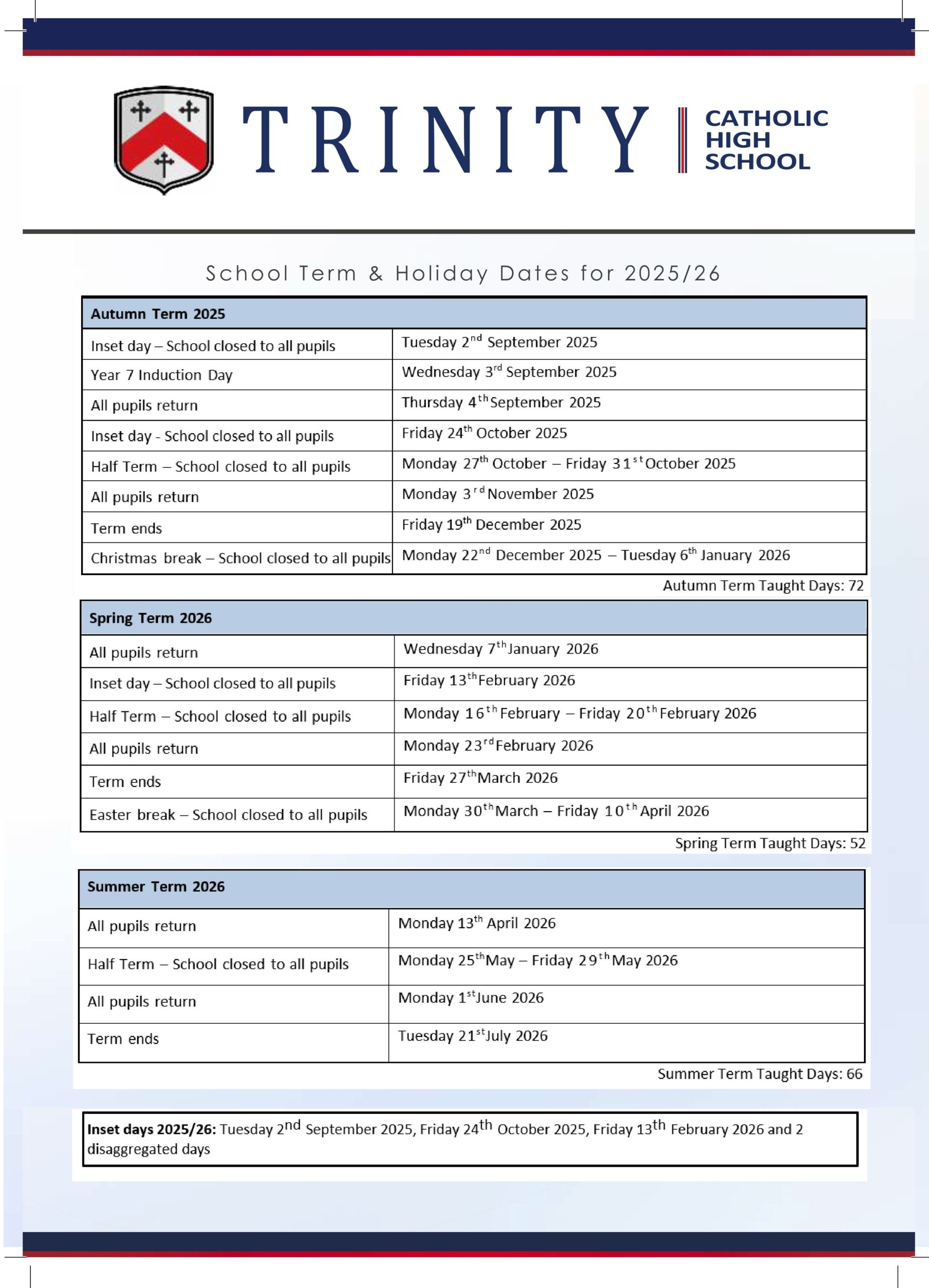 Term Dates / School Hours | Trinity Catholic High School