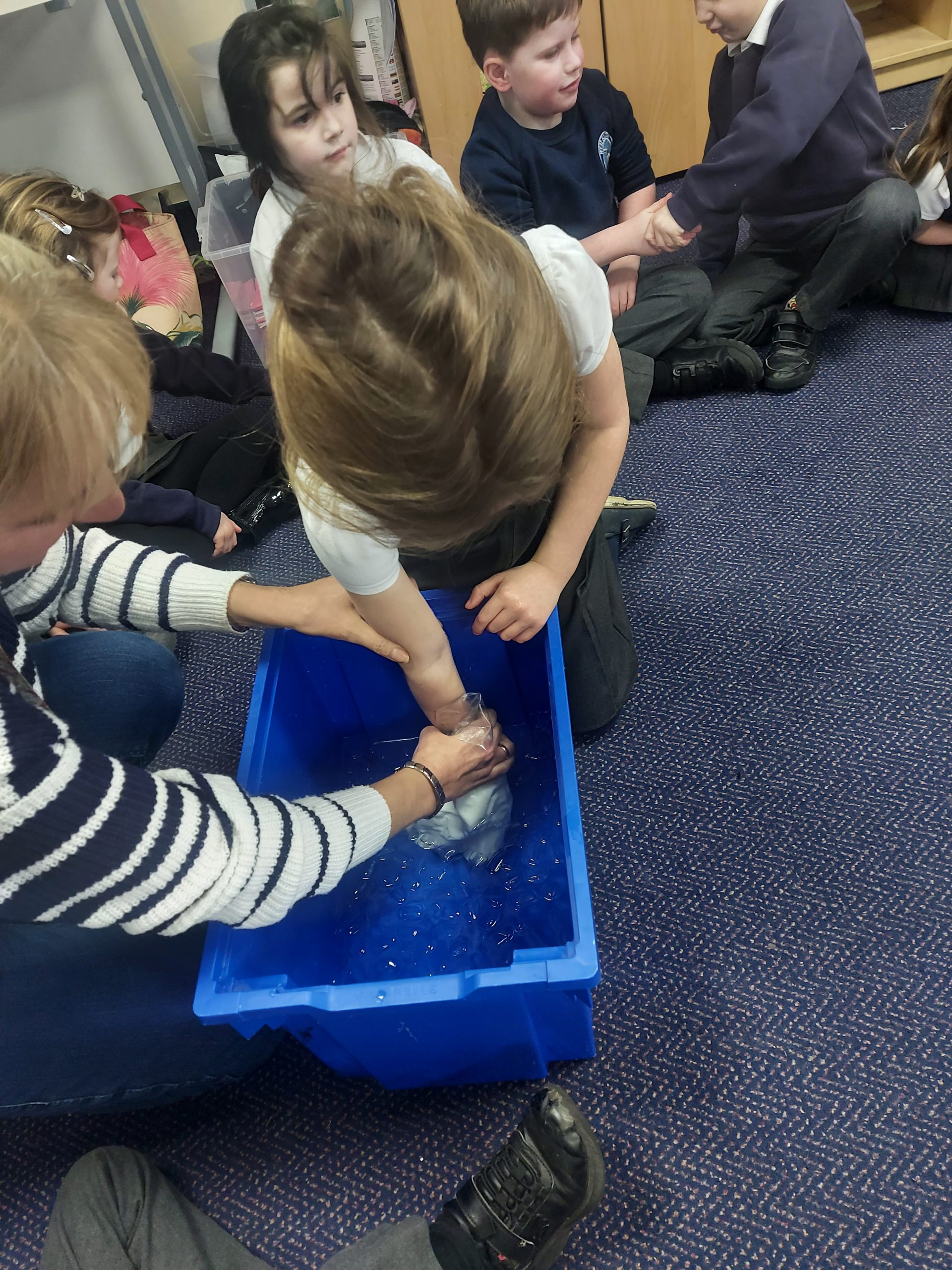 Year 1 children investigating how blubber works