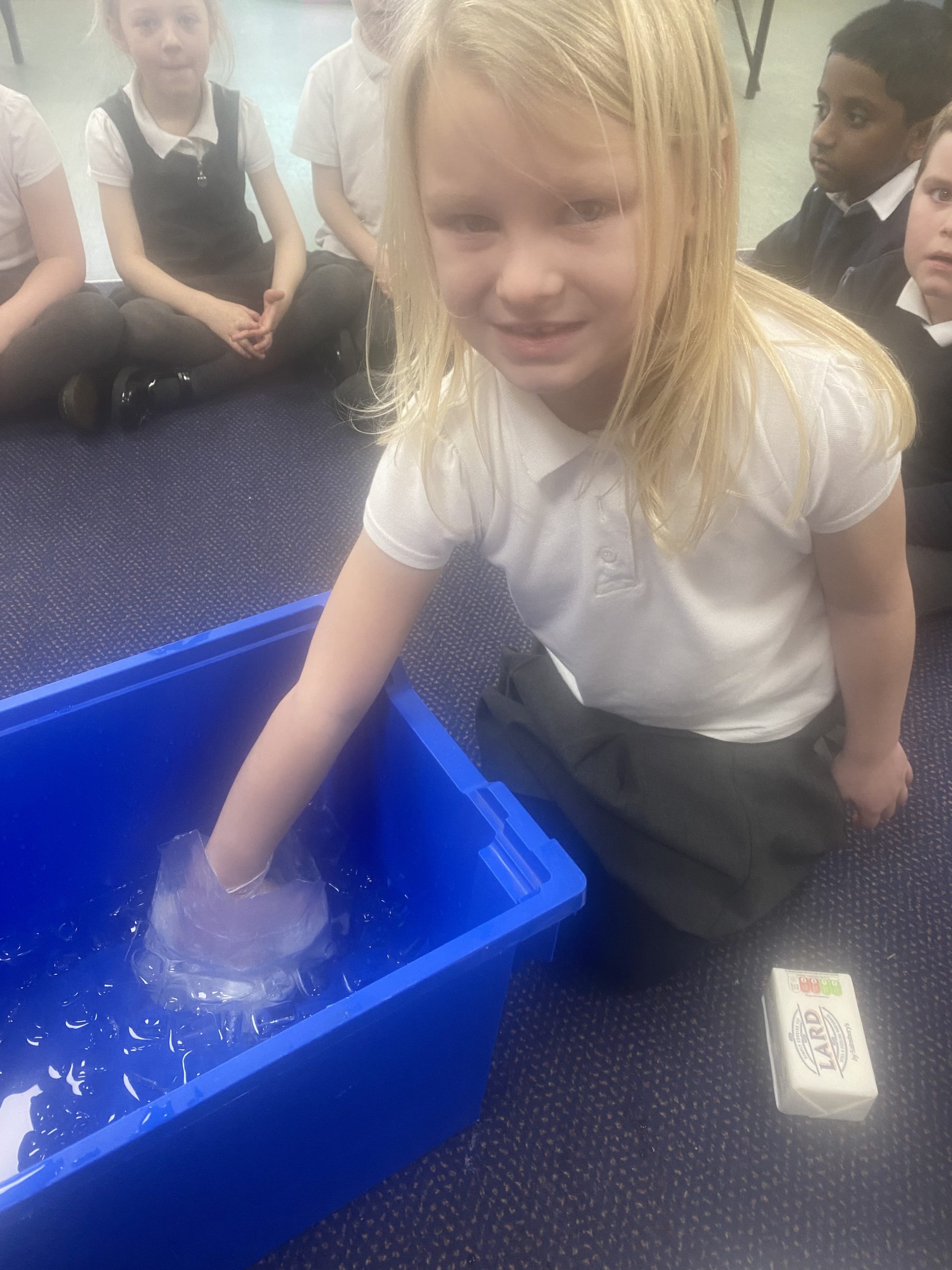 Year 1 children investigating how blubber works