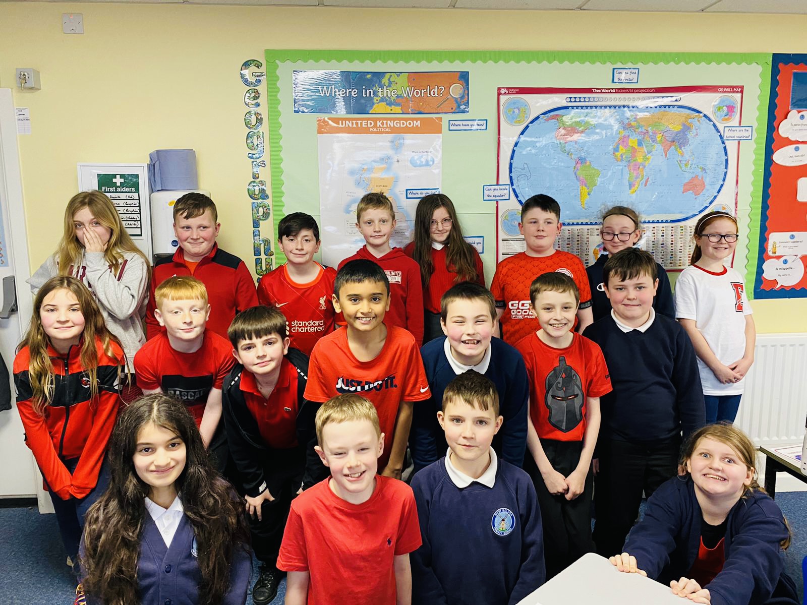 Year 6 children wearing red for CHUF