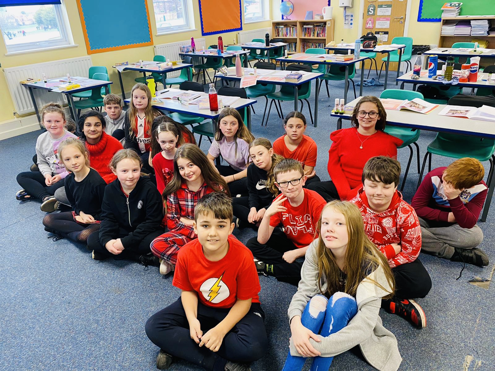 Year 6 children wearing red for CHUF