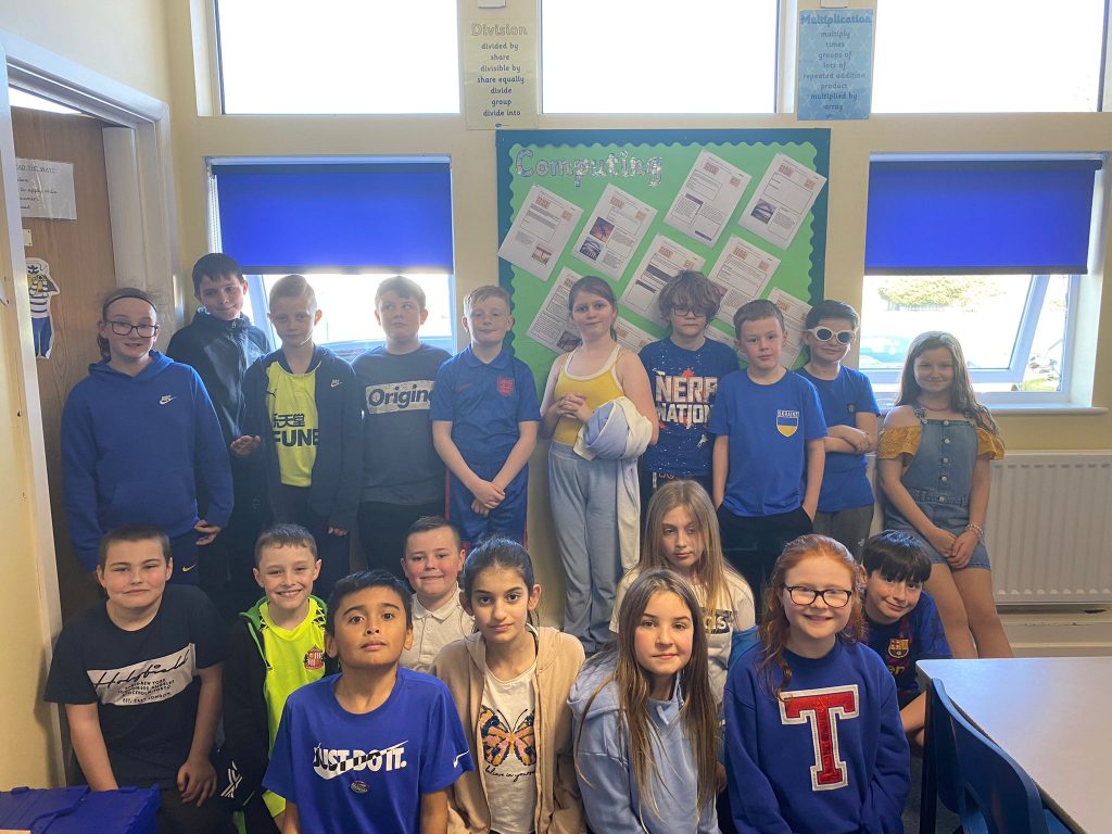Year 6 dressed in blue and yellow for Ukraine