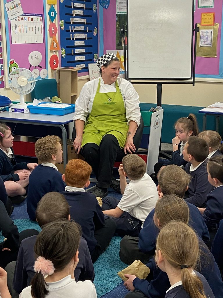 Year 4 receiving a visit from Mandy the cook to talk about healthy eating