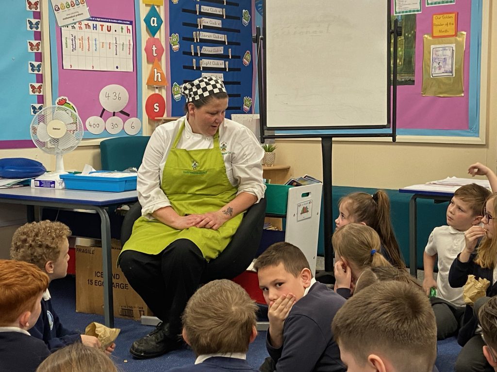 Year 4 receiving a visit from Mandy the cook to talk about healthy eating