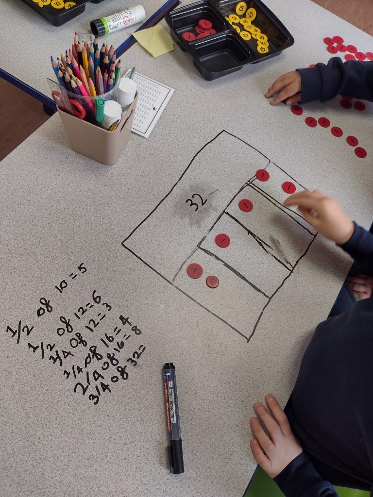 Children in Year 3 working out fractions of amounts using bar models and place value counters