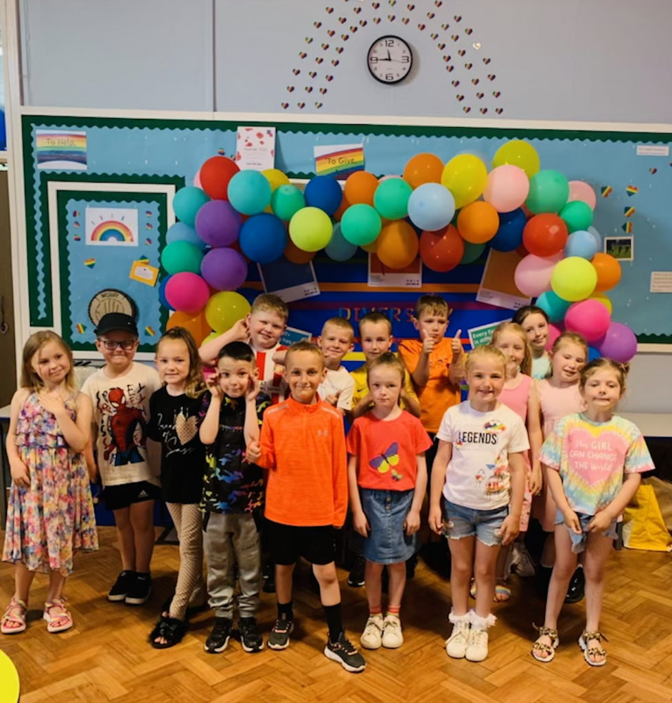 Year 2 enjoying diversity day in their rainbow clothes