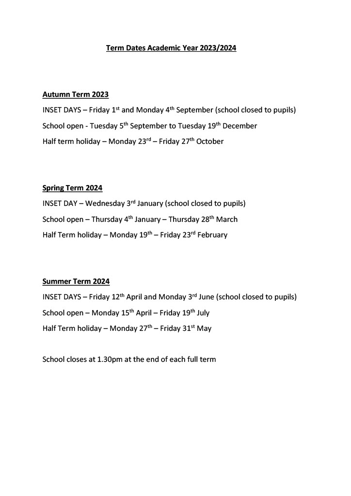 Term Dates and Events Wigmore Primary School