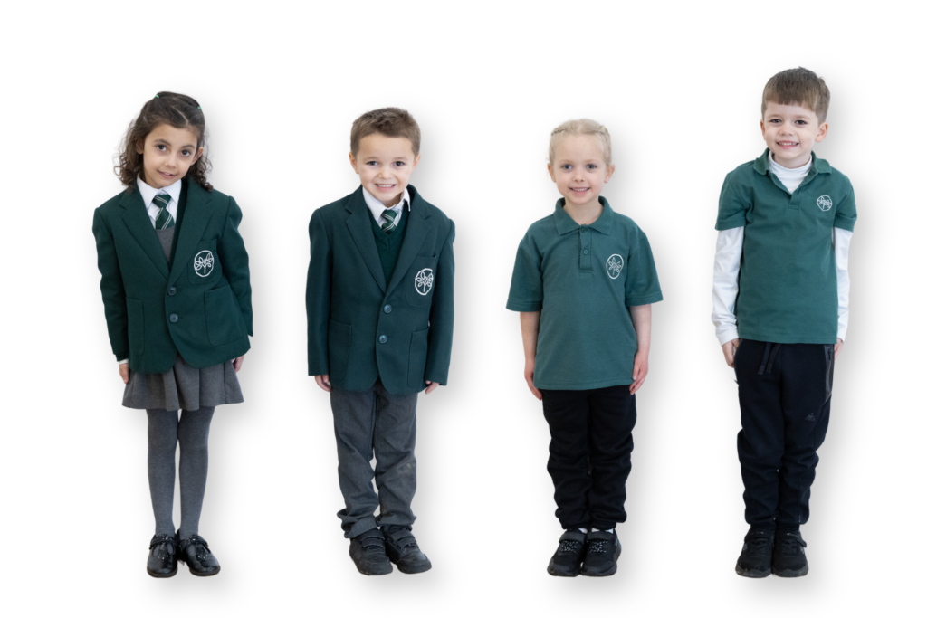 Four pupils from Woodford Primary School stand in a line, wearing in the school uniform and PE kit.